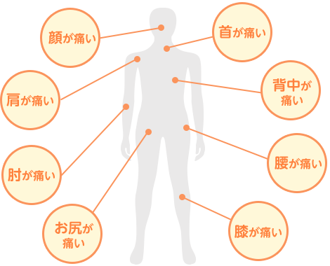 顔が痛い／肩が痛い／肘が痛い／お尻が痛い／首が痛い／背中が痛い／腰が痛い／膝が痛い